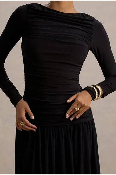 فستان ماكسي مزموم بياقة عالية - أسود