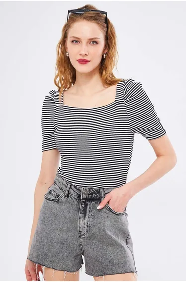 Women's Black Front Back Square Neck Watermelon Sleeve Striped Blouse