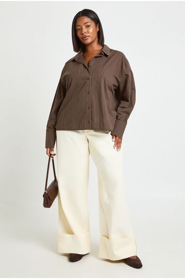 Plus Turn Over Hem Twill Wide Leg Trouser - ecru