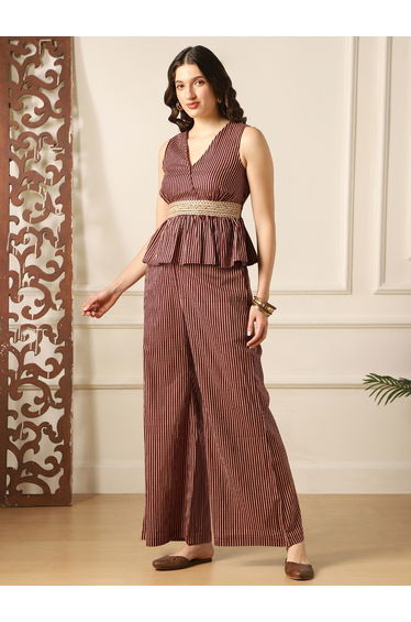 Striped Embroidered Peplum Top and Bell Bottom Pants Fusion Co-Ords