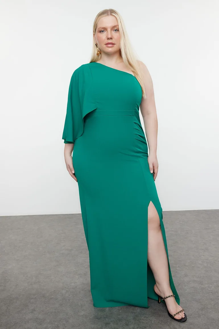 Emerald Green Woven Evening Dress Trendyol Curve : Dresses : VogaCloset  Libya