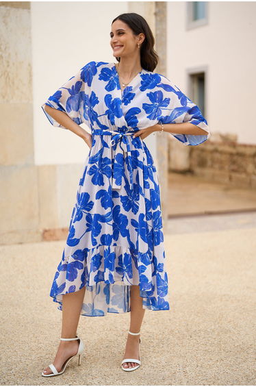 Yumi Navy Kimono Sleeves Midi Dip Hem Wrap Midi Dress