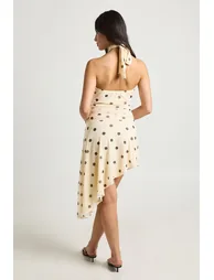 Polka Dot Printed Mesh Halterneck Cinced Waist Asym Hem Dress - lemon - 1
