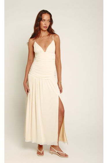 Cream Mesh Drop Waist Maxi Dress