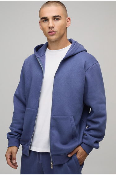 Basic Regular Fit Zip Through Hoodie - indigo
