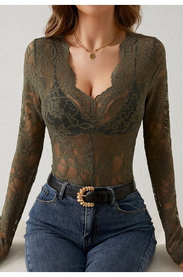 Allover Lace Scalloped V-Neck Long Sleeve Top in Army Green for Elegant Evenings & Statement Looks
