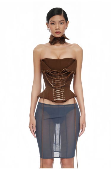 Indre Brown Lace Up Corset Crop Top