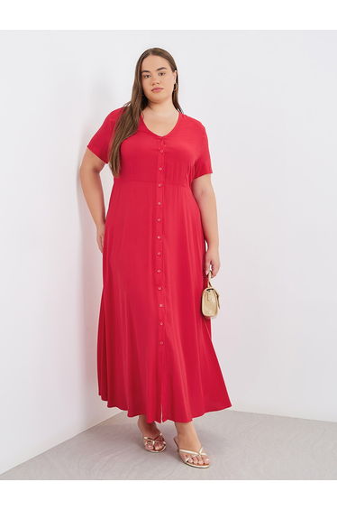 Plus Red Maxi Dress with Button Closure
