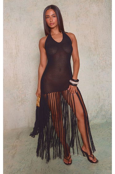 Petite Black Scoop Neck Tassel Hem Knitted Maxi Dress
