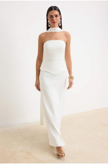 White Scarf Woven Maxi Evening Dress & Graduation Gown