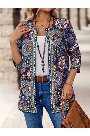 Women Blue All-Over Print Open Front Kimono