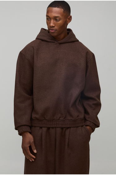 Oversized Boxy Melton Seam detail Hoodie - choc brown