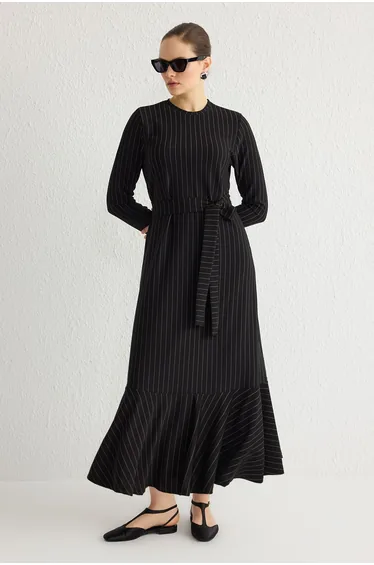 Black Striped Belted Ruffle Skirt Knitted Dress
