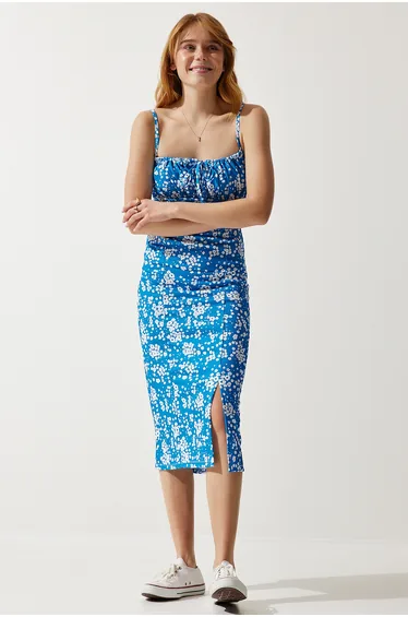 Women's Dark Blue Floral Slit Summer Knitted Dress