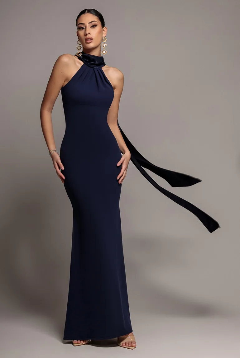 Scuba & Velvet Satin Cape Sleeve Halterneck Maxi Dress - Navy Blue by Goddiva