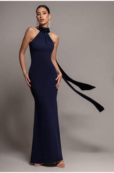 Scuba & Velvet Satin Cape Sleeve Halterneck Maxi Dress - Navy Blue by Goddiva