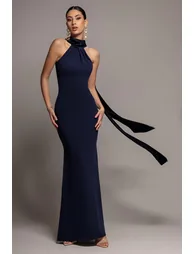 Scuba & Velvet Satin Cape Sleeve Halterneck Maxi Dress - Navy Blue by Goddiva