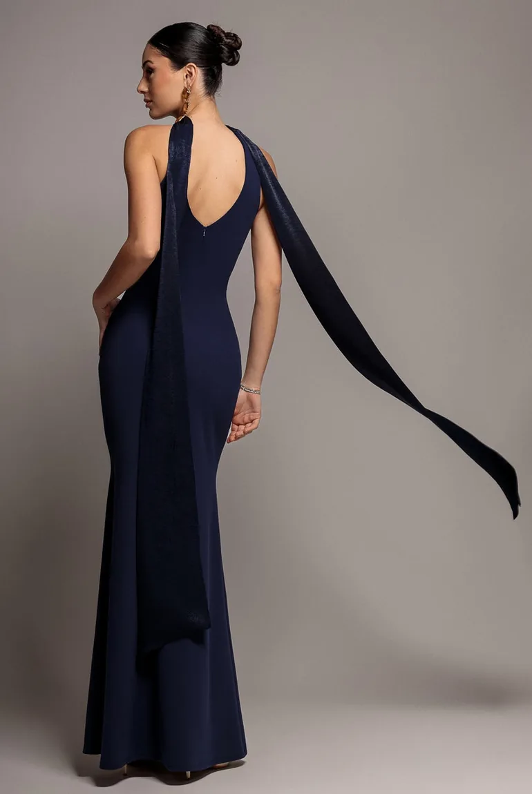 Scuba & Velvet Satin Cape Sleeve Halterneck Maxi Dress - Navy Blue by Goddiva - 1