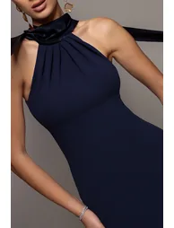 Scuba & Velvet Satin Cape Sleeve Halterneck Maxi Dress - Navy Blue by Goddiva - 5