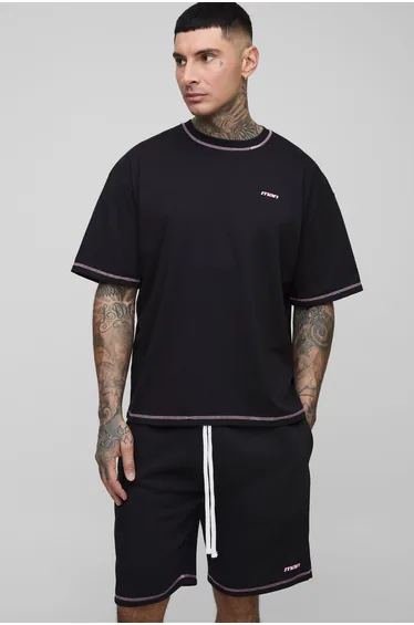 Tall Official Man Contrast Stitch Oversized Boxy T-Shirt & Relaxed Jersey Short Set - black