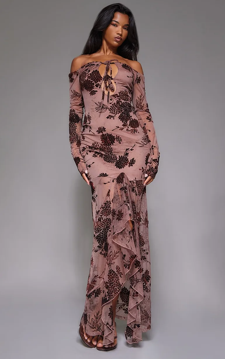 Shop Brown Floral Print Devore Off The Shoulder Long Sleeve Maxi Dress  Online in Oman