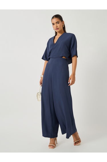 Solid Batwing Sleeves Wrap Look Wide Leg Jumpsuit