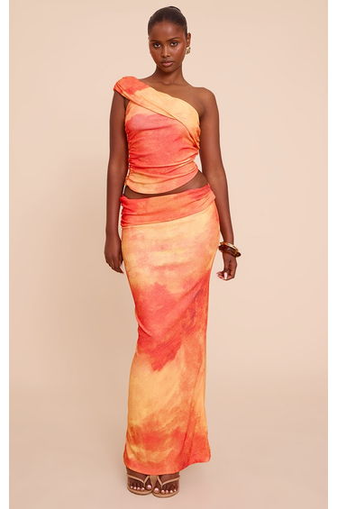 Orange Abstract Print Onion Skin Ruched Side Asymmetric Top