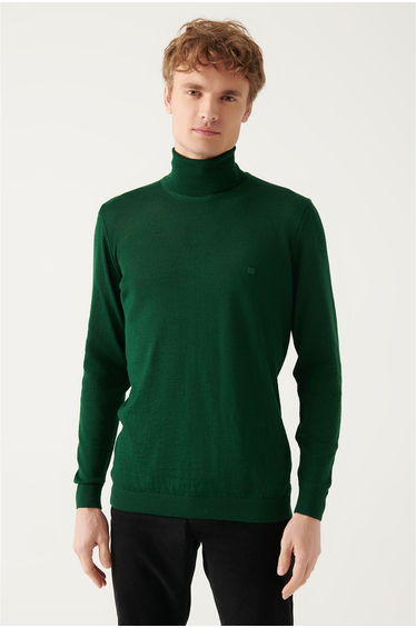Men's Green Full Turtleneck Wool Blended Standard Fit Normal Cut Knitwear Sweater