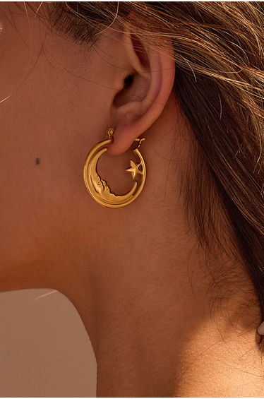 Crescent Moon Star Hoop Earrings