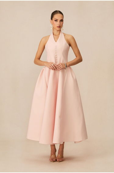 Prominent Charm Pink Halter A-Line Midi Dress