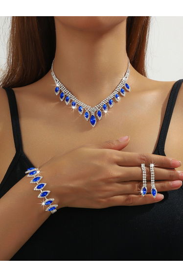 Blue Rhinestone Necklace with Bracelet and Earrings et