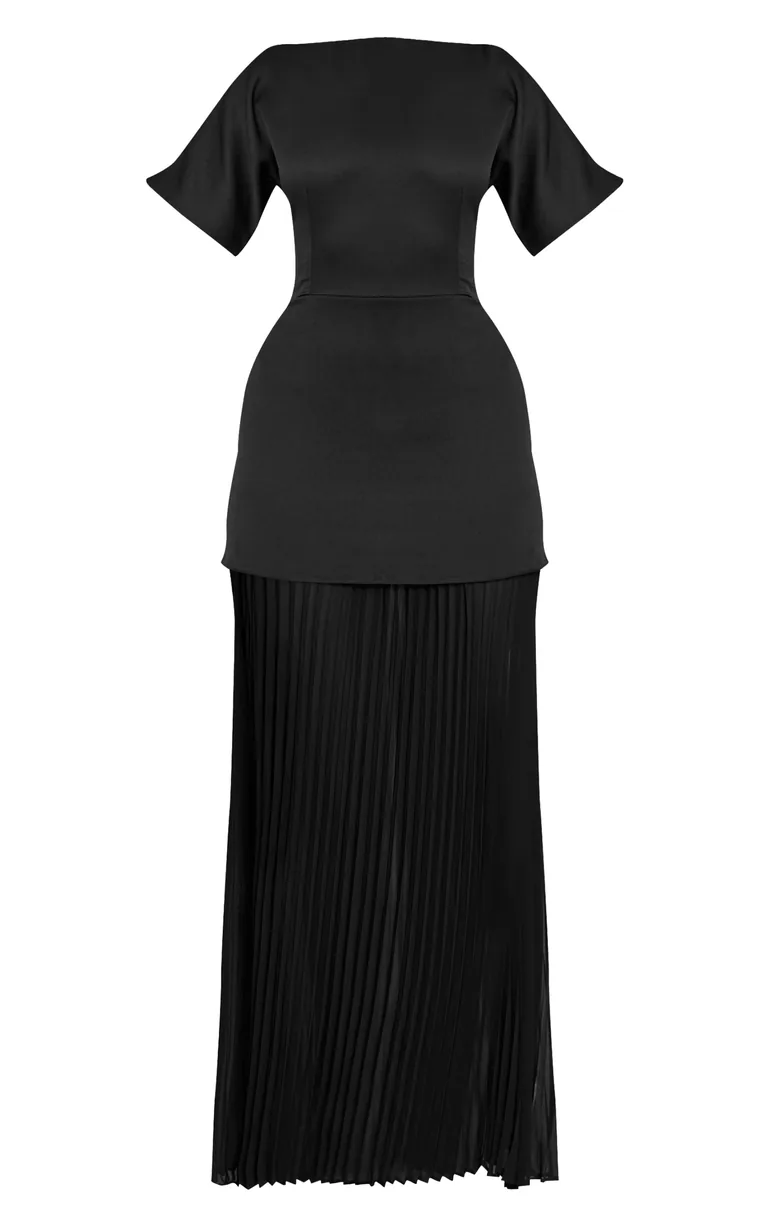 Black Satin Back Tie Pleated Hem Maxi Dress Prettylittlething Black :  Evening Dresses : VogaCloset Qatar