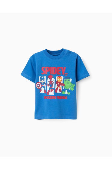 Cotton T Shirt With Spidey & Friends Print For Babies And Boys Blue