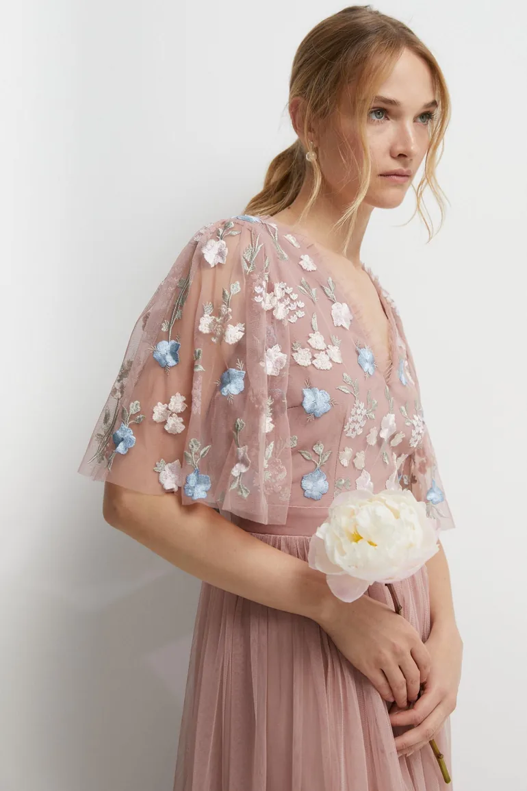 Meadow Floral Embroidered V Neck Bridesmaids Dress - 1
