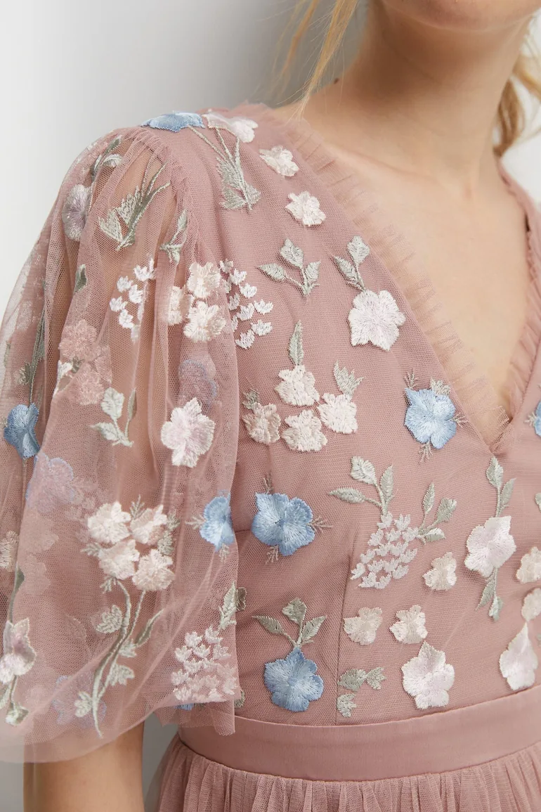 Meadow Floral Embroidered V Neck Bridesmaids Dress - 2