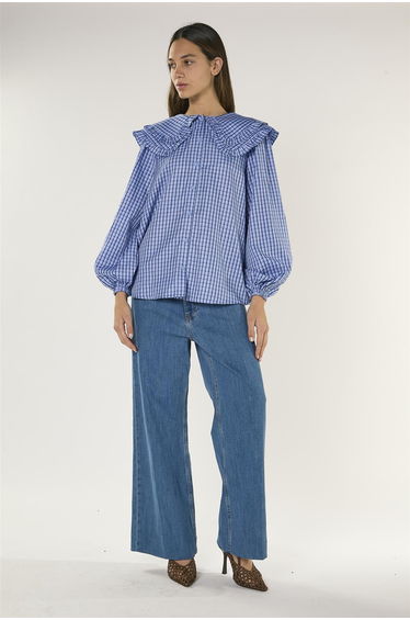 Pale Blue Check Statement Collar Blouse