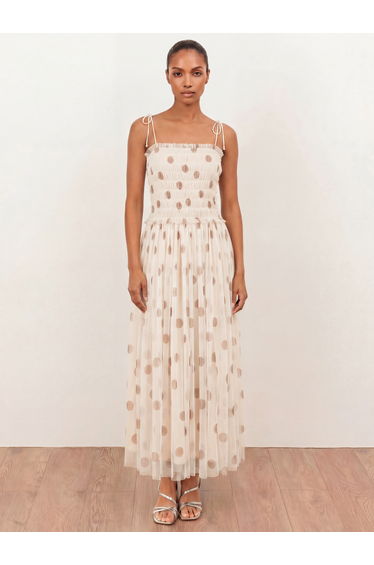 Anaya With Love Recycled Polka Dot Shirred Self-Tie Cami Midi Dress