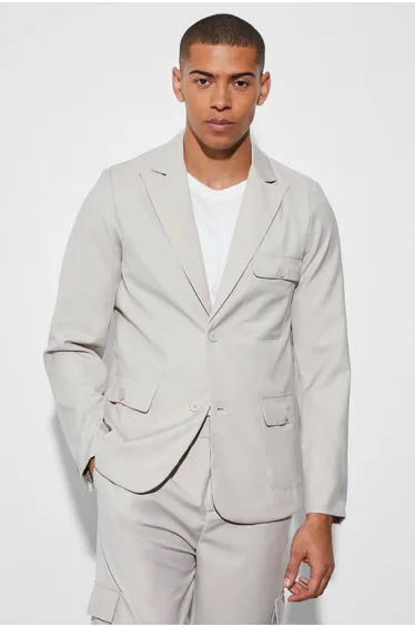 Slim Single Breasted Cargo Suit Jacket - taupe