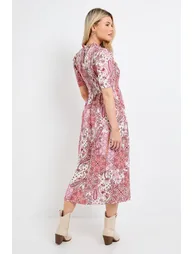 Pink Paisley Shirred Bodice Drop Waist Midi Dress - 2