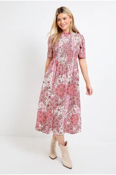 Pink Paisley Shirred Bodice Drop Waist Midi Dress