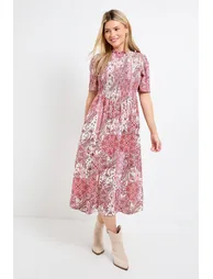Pink Paisley Shirred Bodice Drop Waist Midi Dress
