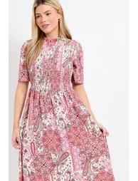 Pink Paisley Shirred Bodice Drop Waist Midi Dress - 3