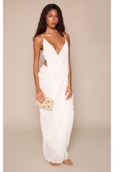 White Chiffon Plunge Neck Drape Front Split Backless Maxi Dress