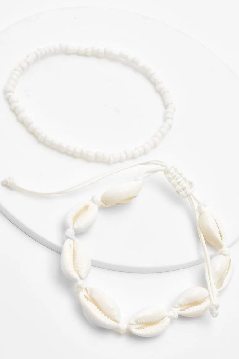 Shell & Bead Anklet Pack - cream