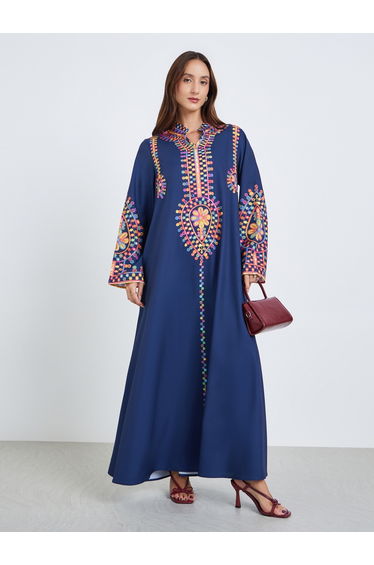Women Navy Blue Embroidered Maxi Jalabiya
