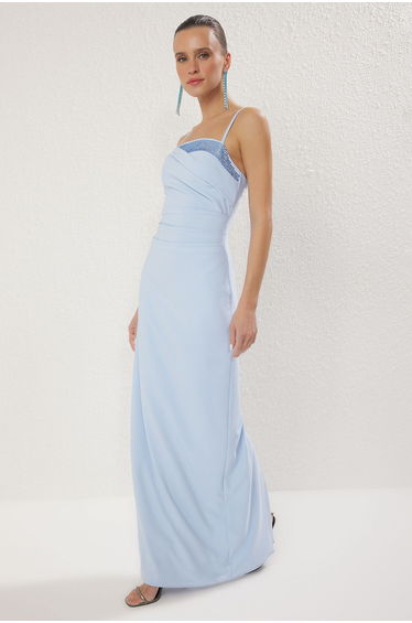 Light Blue Stone Print Woven Long Elegant Evening Night Graduation Dress