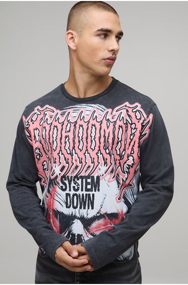Shrunken Washed Gothic Over Seams Graphic Long Sleeve T-Shirt - charcoal