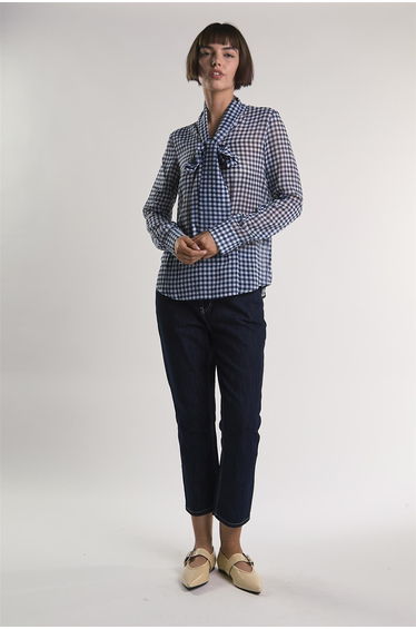 Navy/White-Gingham Front-Tie Long-Sleeve-Top