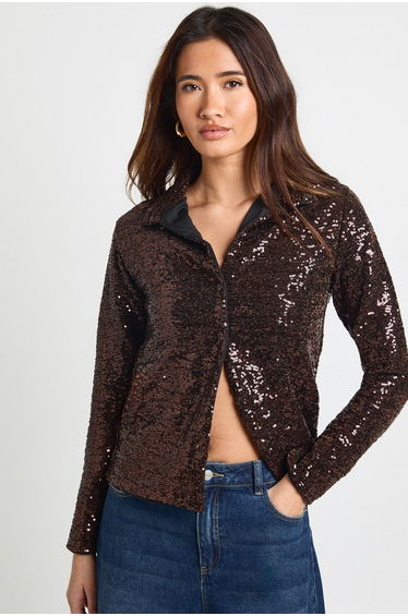 Sequin Oversized Button Through Shirt - chocolate