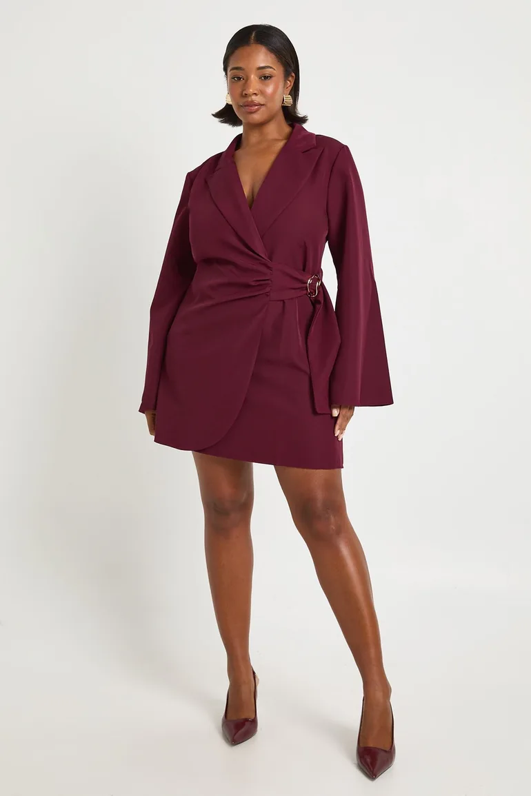 Plus Buckle Detail Tie Waist Tailored Blazer Dress - burgundy - 2